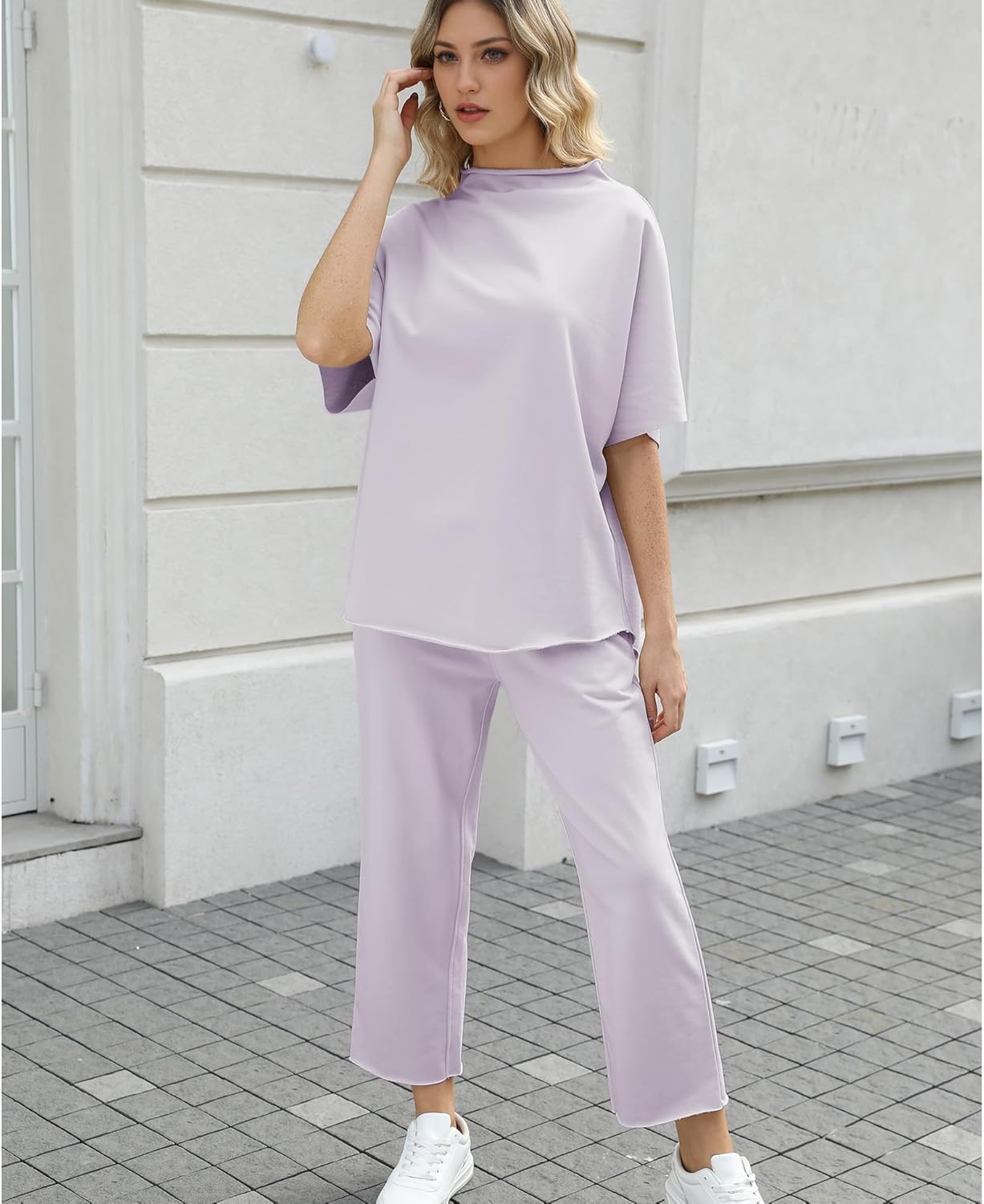 Women's 2-Piece Lounge Set – 3/4 Batwing Sleeve Capelet Top & Wide-Leg Pants