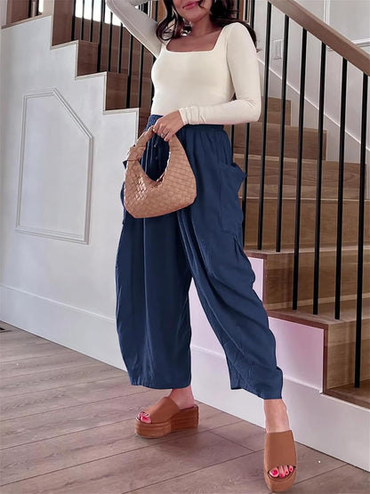 Womens Linen Wide Leg Pants Summer Casual with Pockets