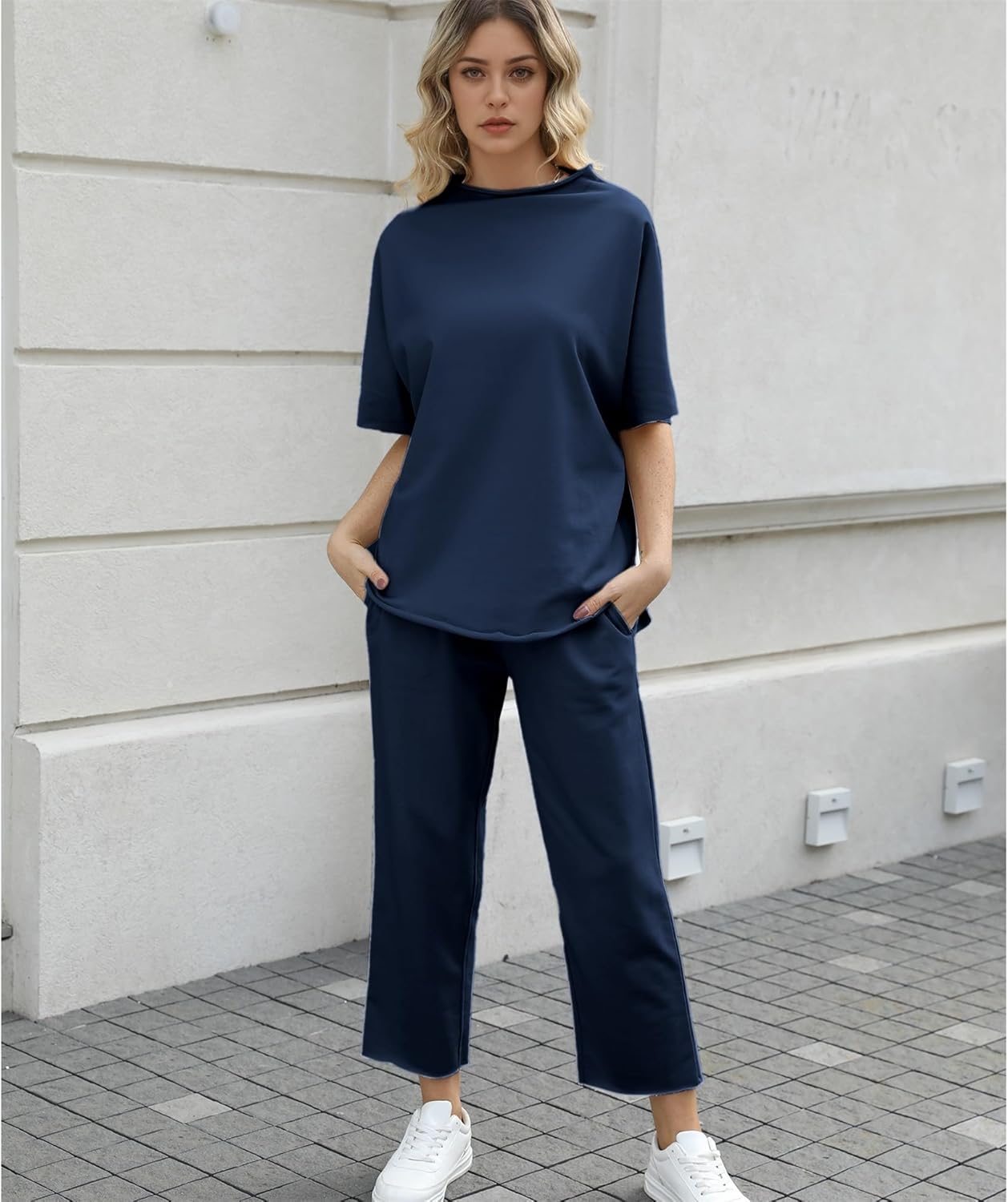 Women's 2-Piece Lounge Set – 3/4 Batwing Sleeve Capelet Top & Wide-Leg Pants