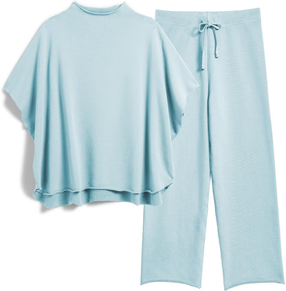 Women's 2-Piece Lounge Set – 3/4 Batwing Sleeve Capelet Top & Wide-Leg Pants