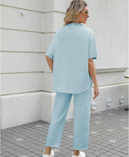 Women's 2-Piece Lounge Set – 3/4 Batwing Sleeve Capelet Top & Wide-Leg Pants