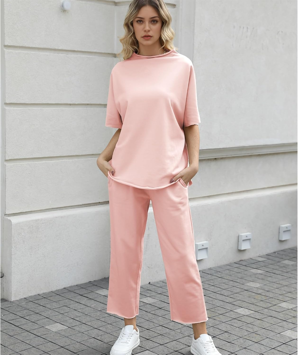 Women's 2-Piece Lounge Set – 3/4 Batwing Sleeve Capelet Top & Wide-Leg Pants