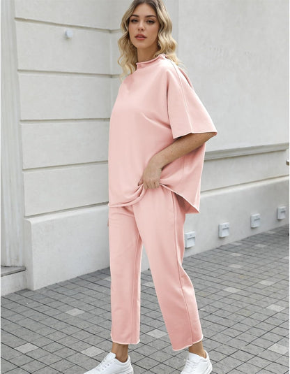 Women's 2-Piece Lounge Set – 3/4 Batwing Sleeve Capelet Top & Wide-Leg Pants