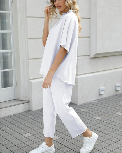 Women's 2-Piece Lounge Set – 3/4 Batwing Sleeve Capelet Top & Wide-Leg Pants