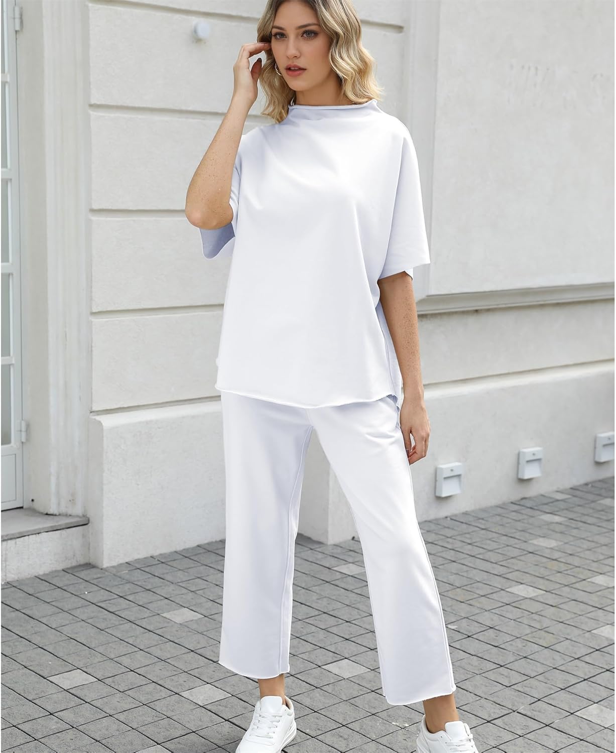 Women's 2-Piece Lounge Set – 3/4 Batwing Sleeve Capelet Top & Wide-Leg Pants