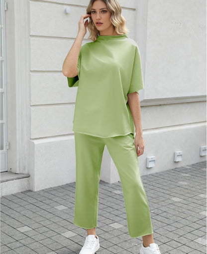 Women's 2-Piece Lounge Set – 3/4 Batwing Sleeve Capelet Top & Wide-Leg Pants