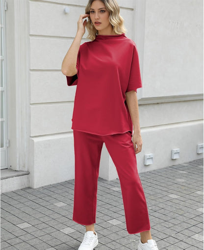 Women's 2-Piece Lounge Set – 3/4 Batwing Sleeve Capelet Top & Wide-Leg Pants