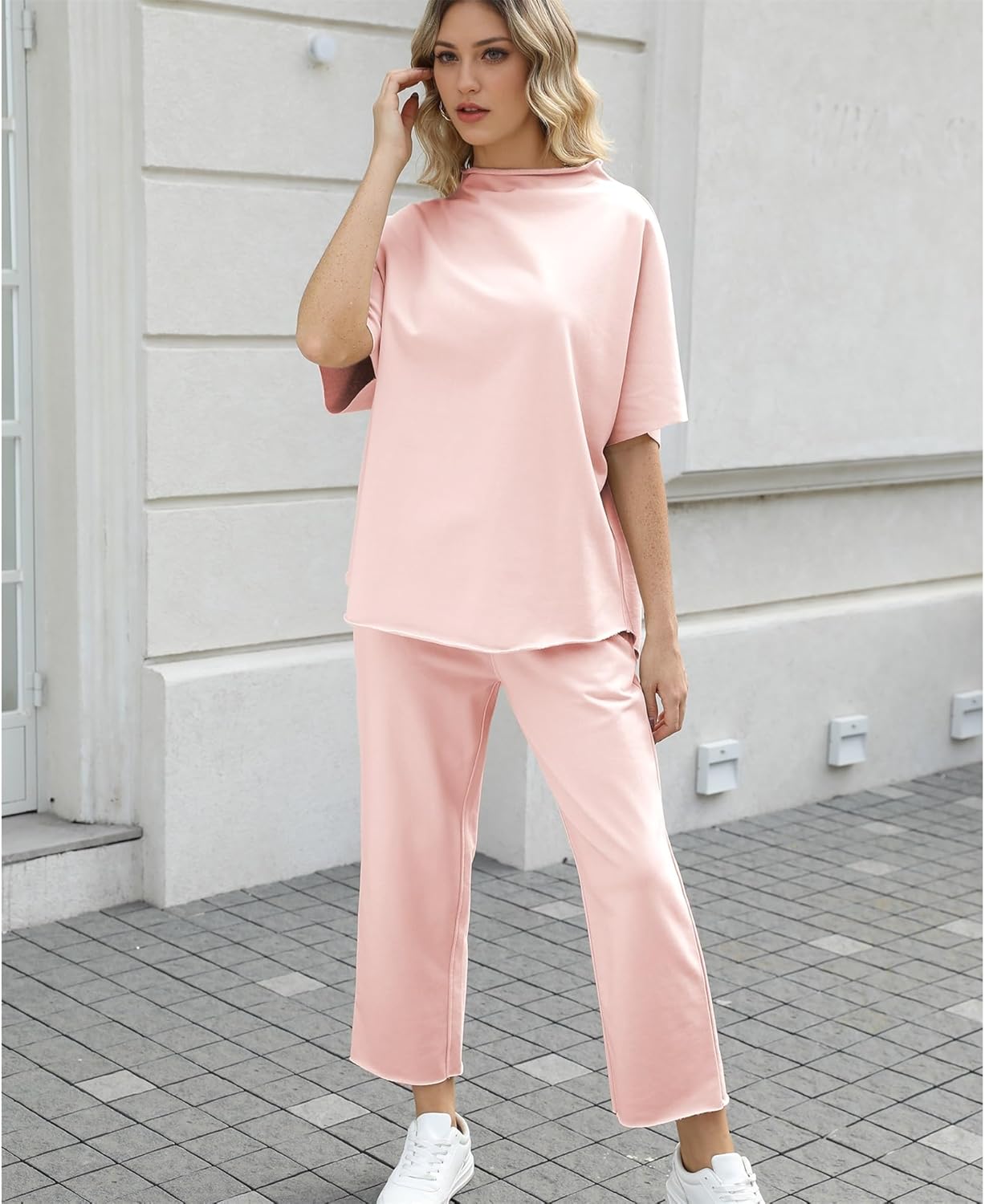 Women's 2-Piece Lounge Set – 3/4 Batwing Sleeve Capelet Top & Wide-Leg Pants
