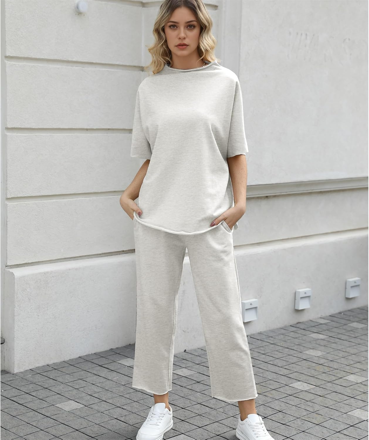 Women's 2-Piece Lounge Set – 3/4 Batwing Sleeve Capelet Top & Wide-Leg Pants