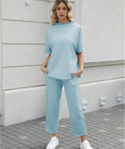 Women's 2-Piece Lounge Set – 3/4 Batwing Sleeve Capelet Top & Wide-Leg Pants