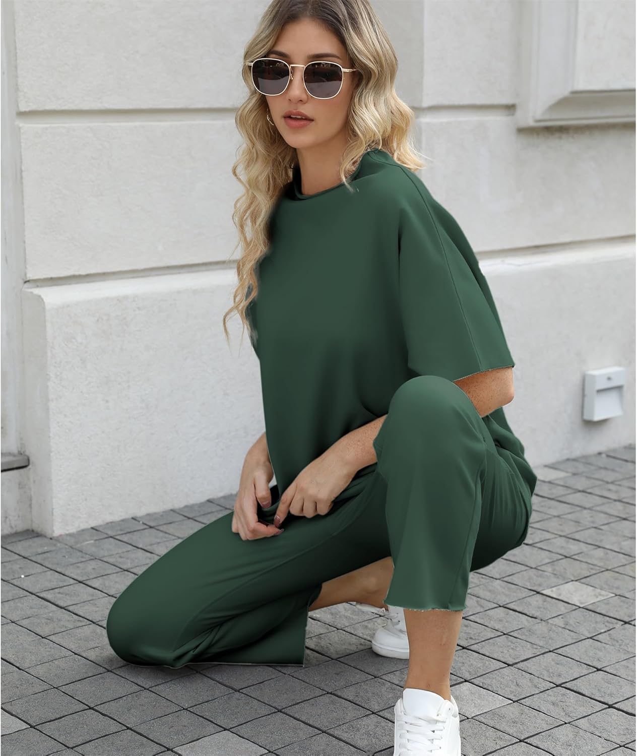 Women's 2-Piece Lounge Set – 3/4 Batwing Sleeve Capelet Top & Wide-Leg Pants