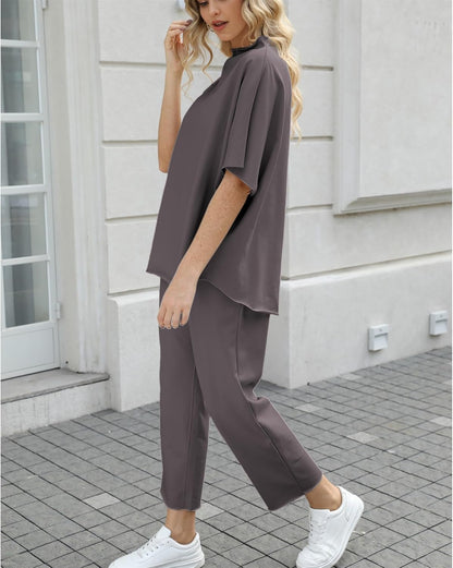 Women's 2-Piece Lounge Set – 3/4 Batwing Sleeve Capelet Top & Wide-Leg Pants