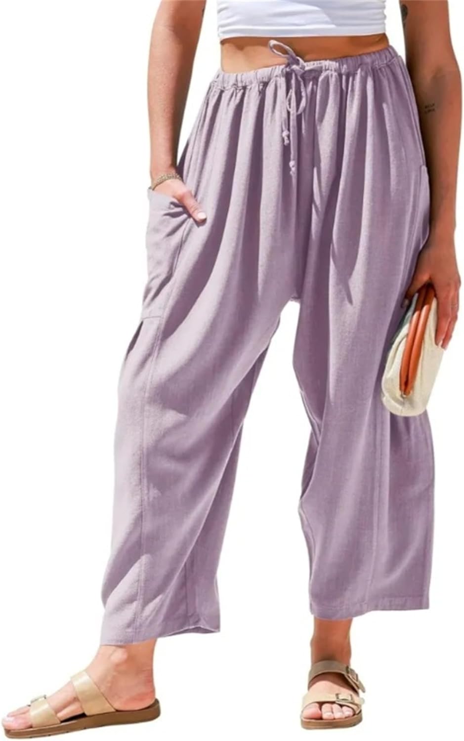 Womens Linen Wide Leg Pants Summer Casual with Pockets