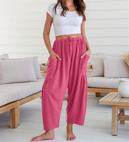 Womens Linen Wide Leg Pants Summer Casual with Pockets