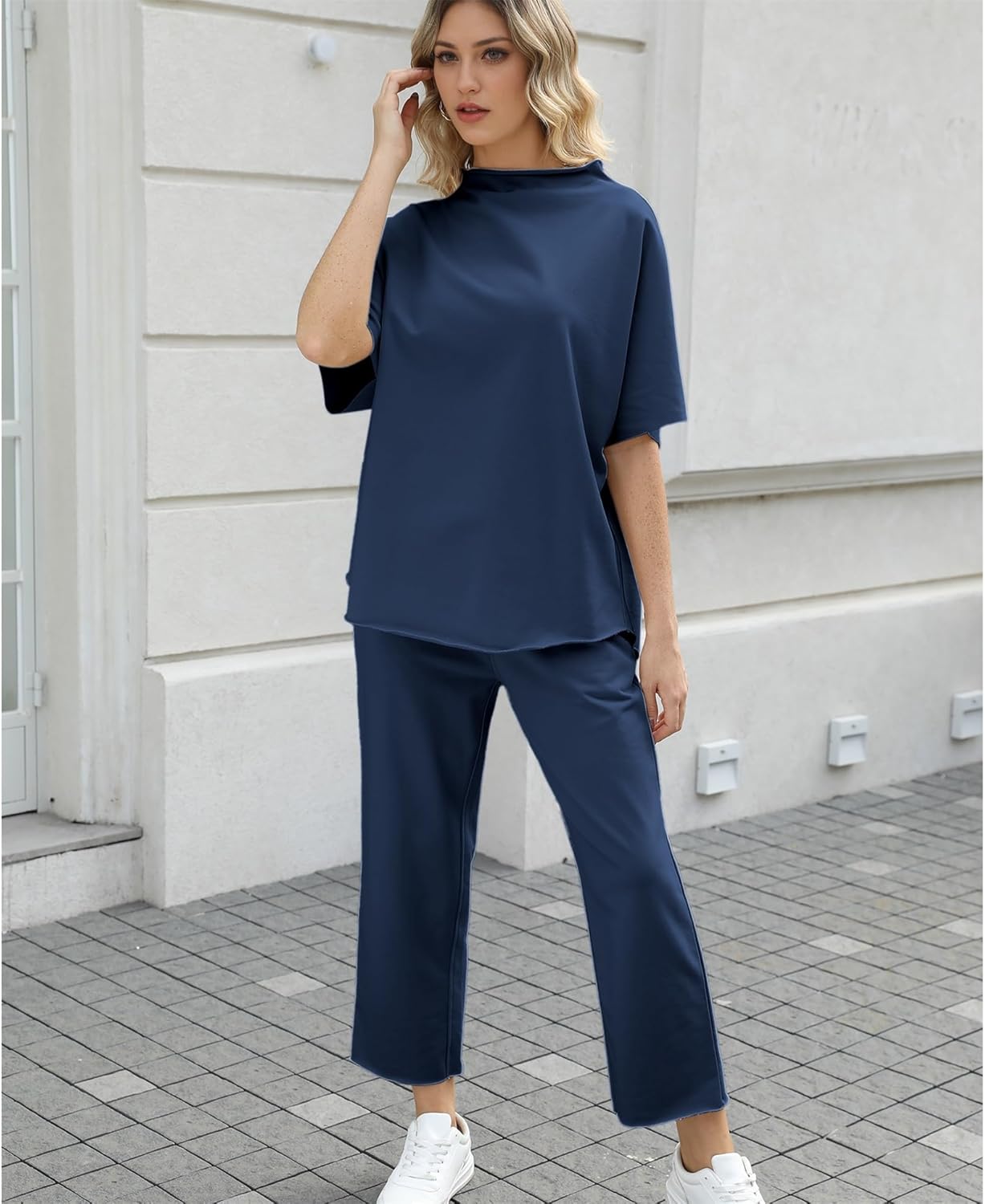 Women's 2-Piece Lounge Set – 3/4 Batwing Sleeve Capelet Top & Wide-Leg Pants