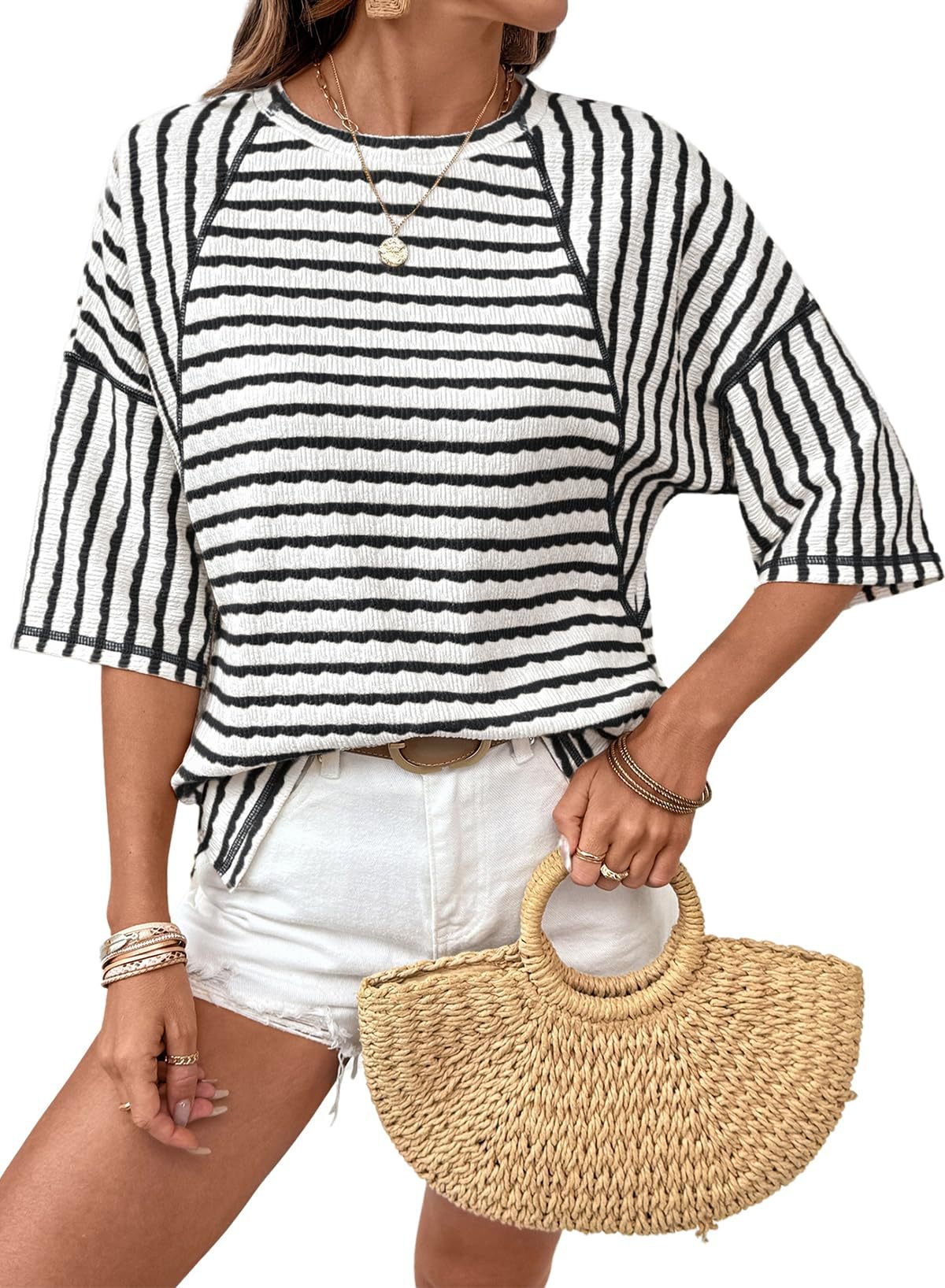 Women's Oversized Striped Color Block Summer T-Shirt