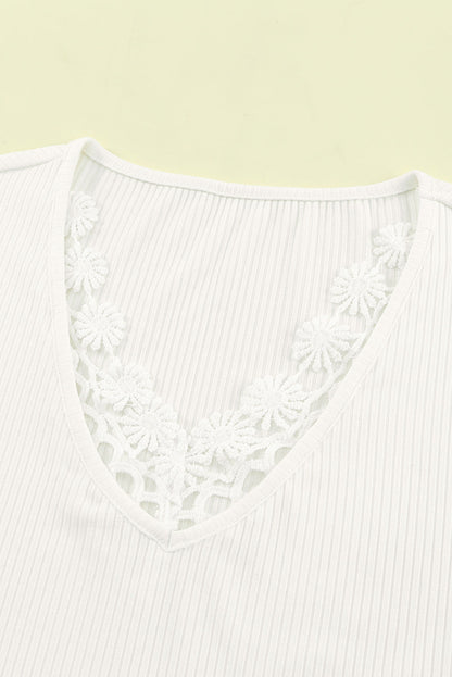 Lace Crochet Ribbed V Neck Tank Top