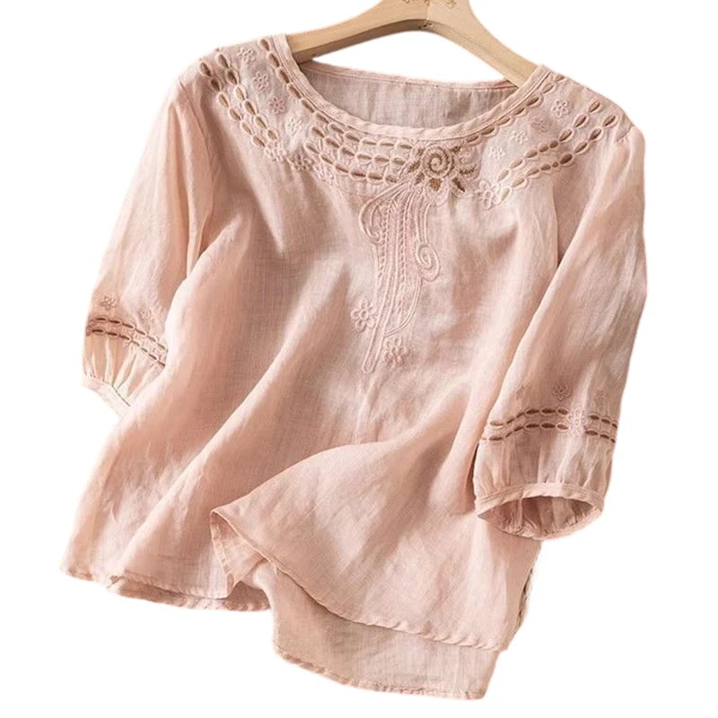 👚 LIMITED-TIME 49% OFF! 💥 Women's Embroidered Cotton-Linen Blend Blouse – Floral Cutouts, Round Neck, Relaxed Fit ✨
