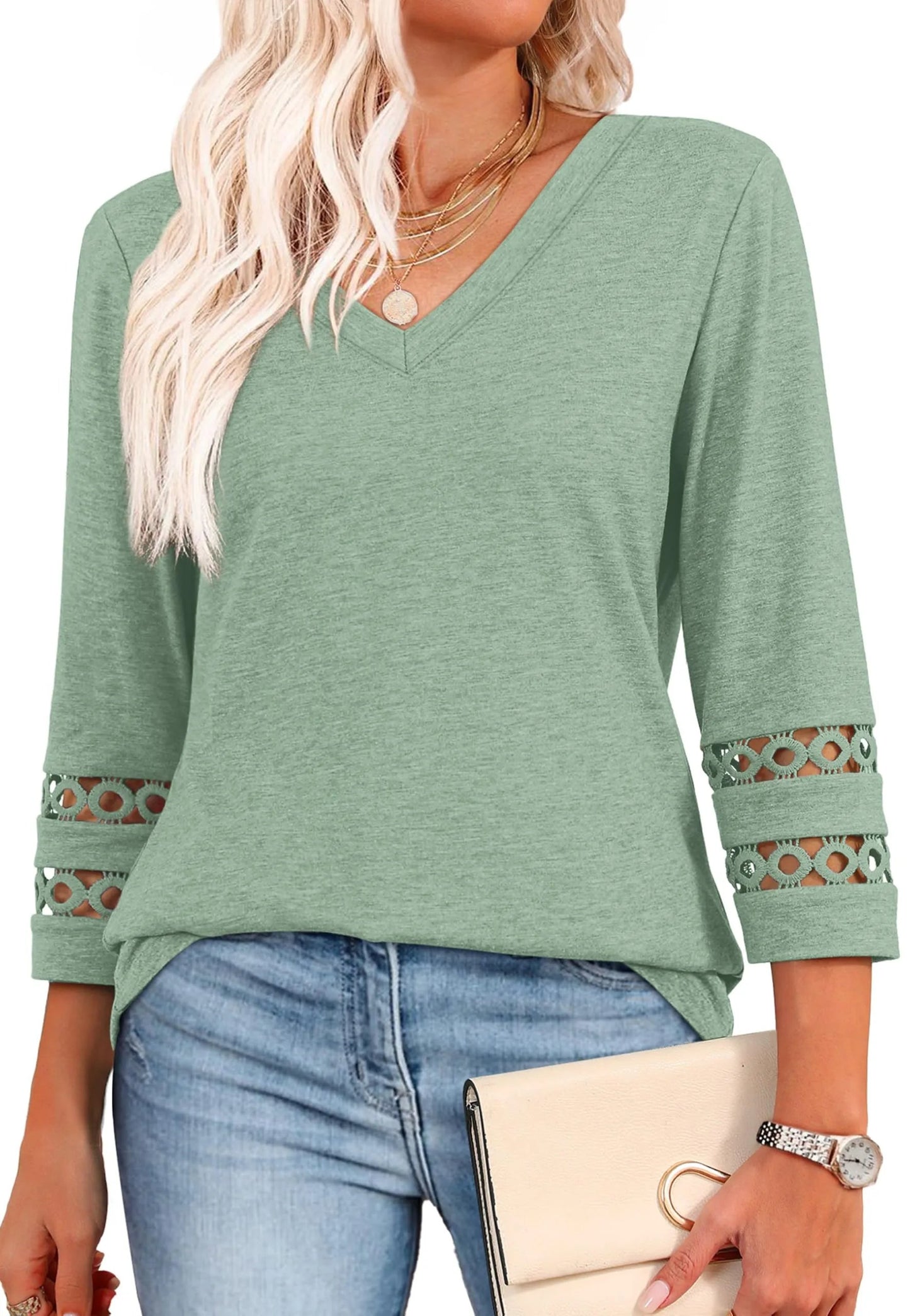 2025 Women’s Casual V-Neck T-Shirts  3/4 Length Sleeve Fashion Tops