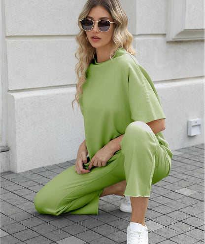 Women's 2-Piece Lounge Set – 3/4 Batwing Sleeve Capelet Top & Wide-Leg Pants