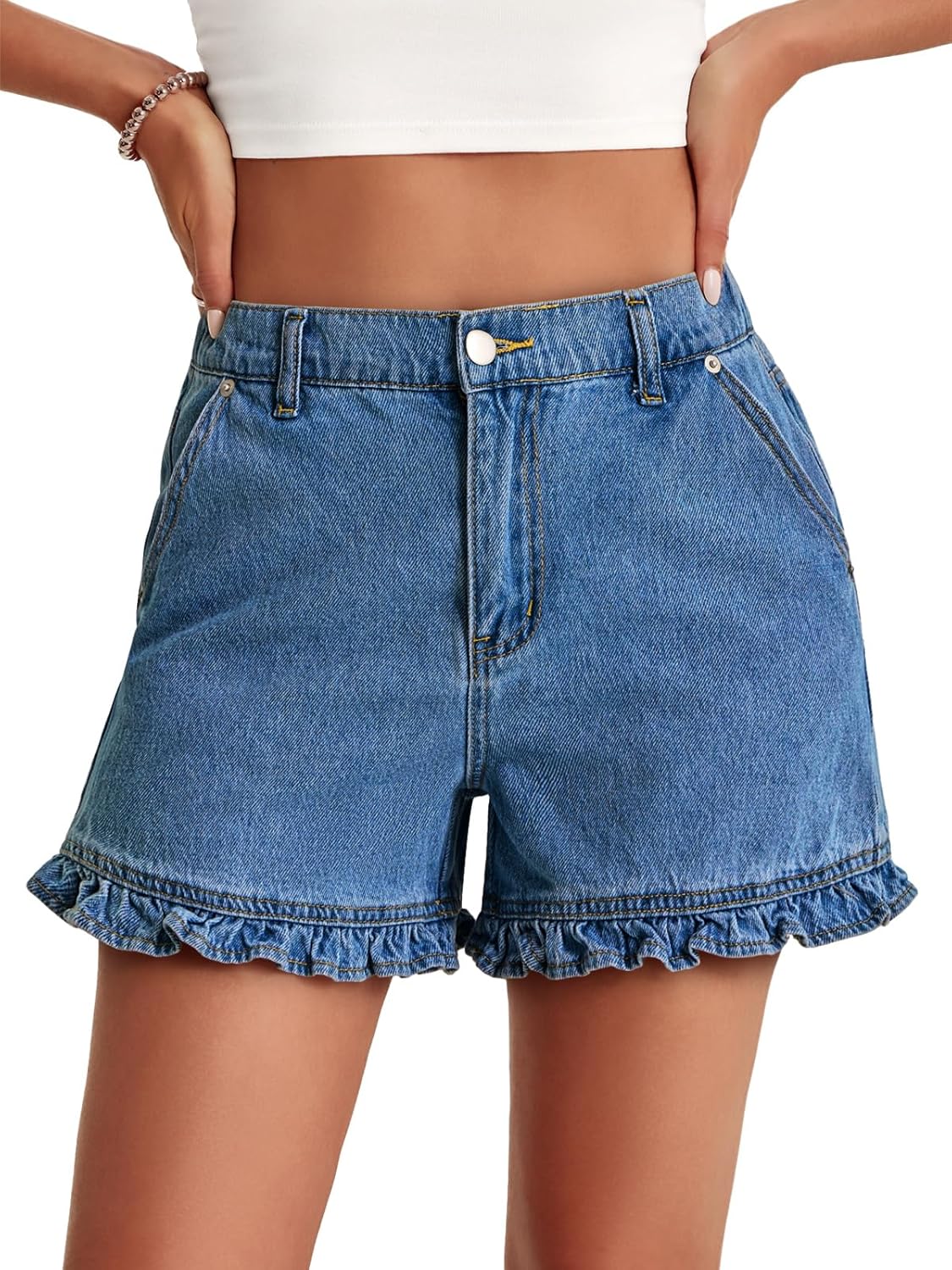 High Waisted Ruffle Denim Shorts with Pockets