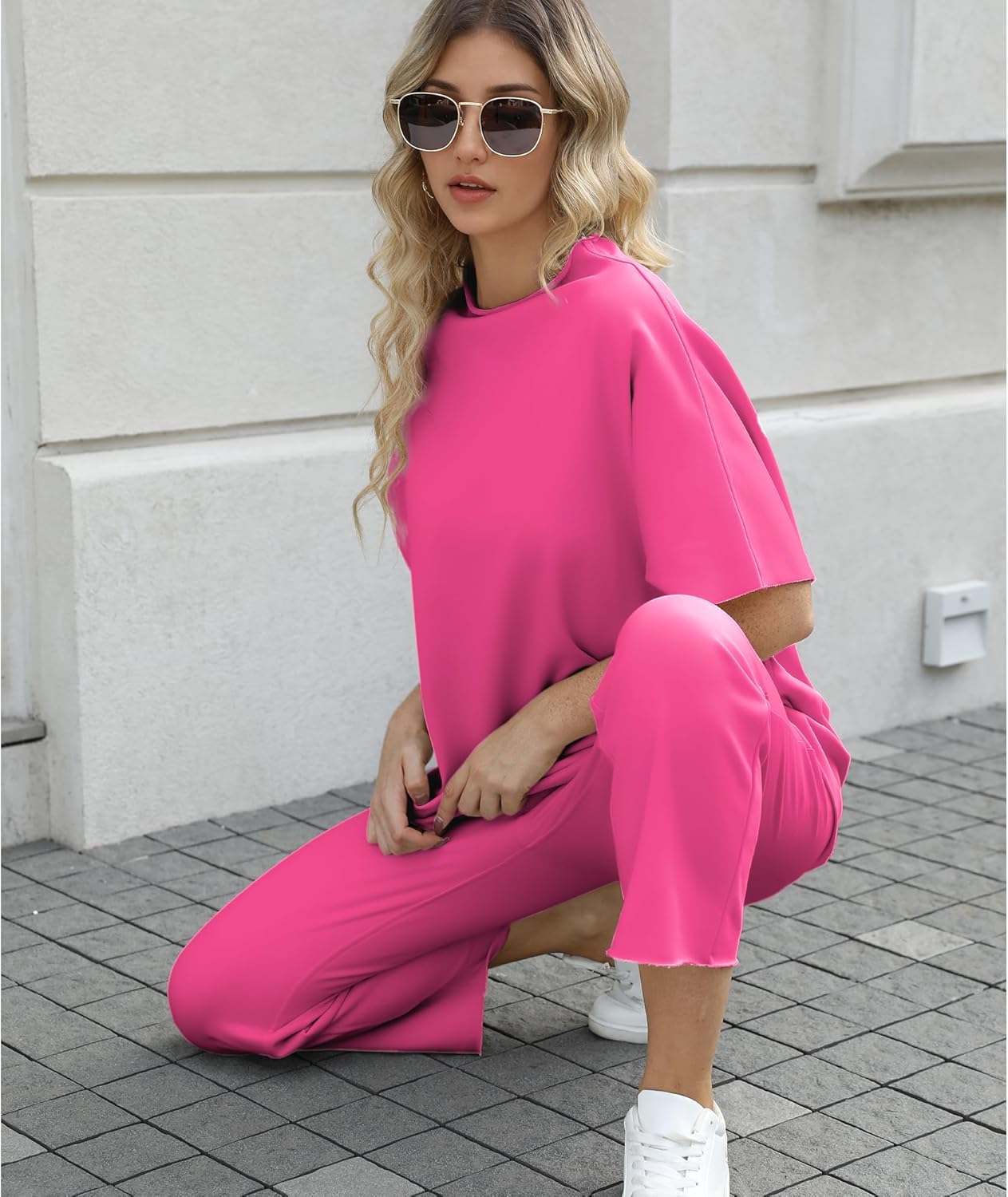 Women's 2-Piece Lounge Set – 3/4 Batwing Sleeve Capelet Top & Wide-Leg Pants