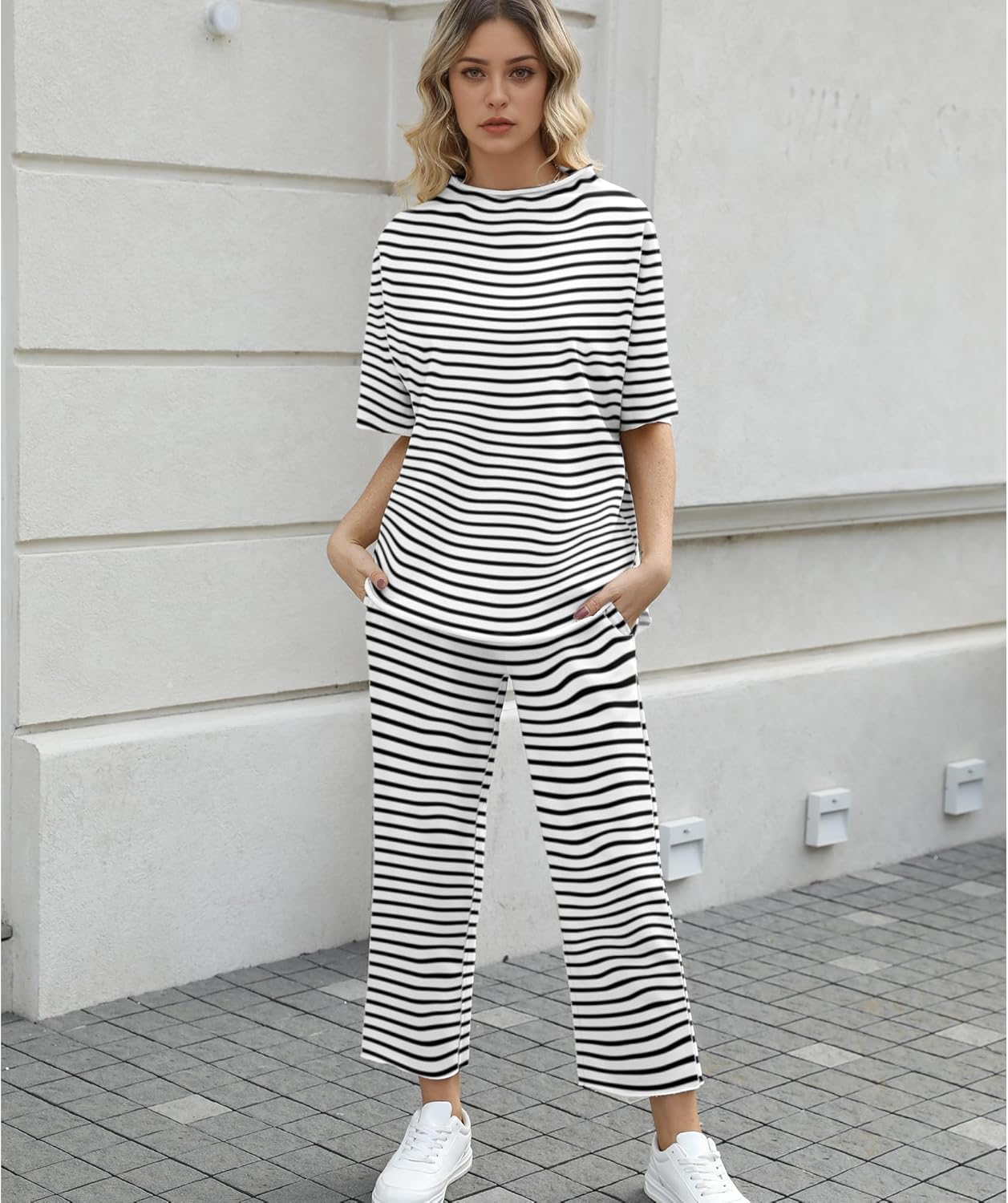 Women's 2-Piece Lounge Set – 3/4 Batwing Sleeve Capelet Top & Wide-Leg Pants