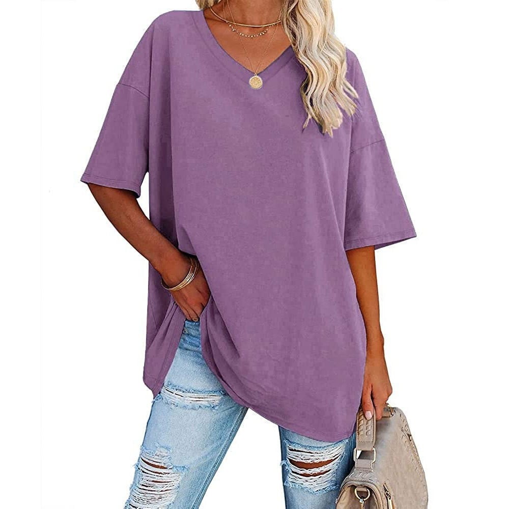 Women's Plus Size V-Neck Cotton T-Shirt – Casual Loose Fit Half-Sleeve Top
