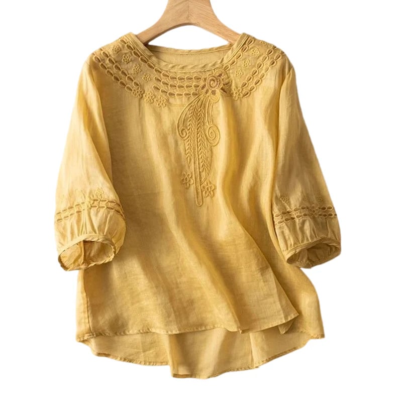 👚 LIMITED-TIME 49% OFF! 💥 Women's Embroidered Cotton-Linen Blend Blouse – Floral Cutouts, Round Neck, Relaxed Fit ✨