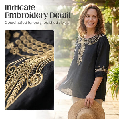 👚 LIMITED-TIME 49% OFF! 💥 Women's Embroidered Cotton-Linen Blend Blouse – Floral Cutouts, Round Neck, Relaxed Fit ✨