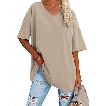 Women's Plus Size V-Neck Cotton T-Shirt – Casual Loose Fit Half-Sleeve Top