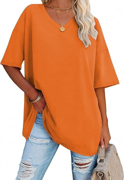Women's Plus Size V-Neck Cotton T-Shirt – Casual Loose Fit Half-Sleeve Top