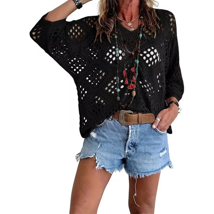 Womens Bohemian-Inspired Beige Crochet Top with V-Neck