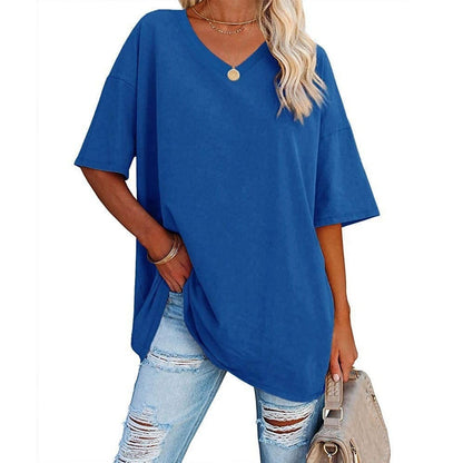 Women's Plus Size V-Neck Cotton T-Shirt – Casual Loose Fit Half-Sleeve Top