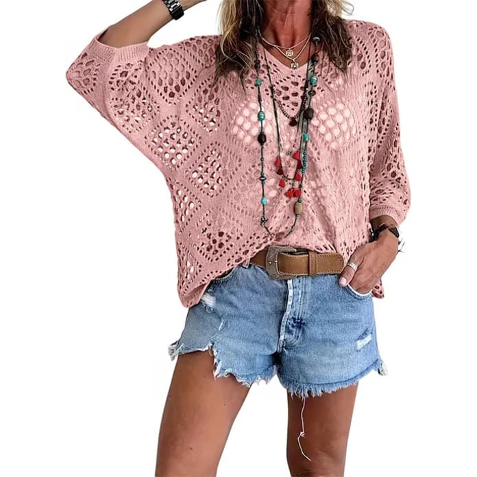 Womens Bohemian-Inspired Beige Crochet Top with V-Neck