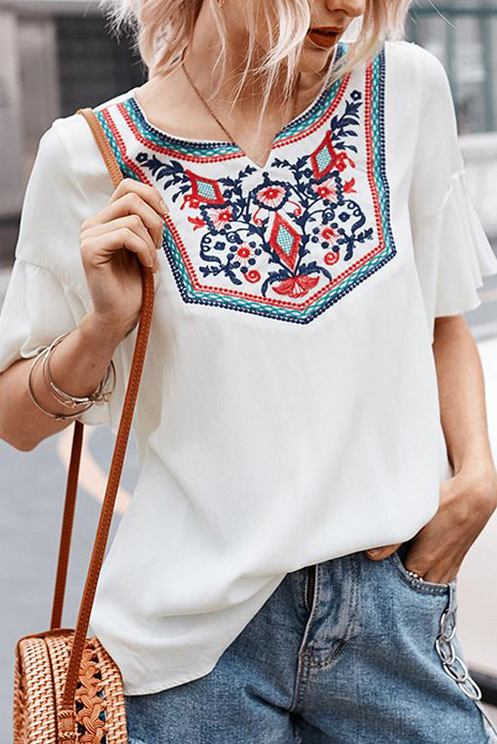 Retro Embroidered Print White Ruffle Short Sleeve Top