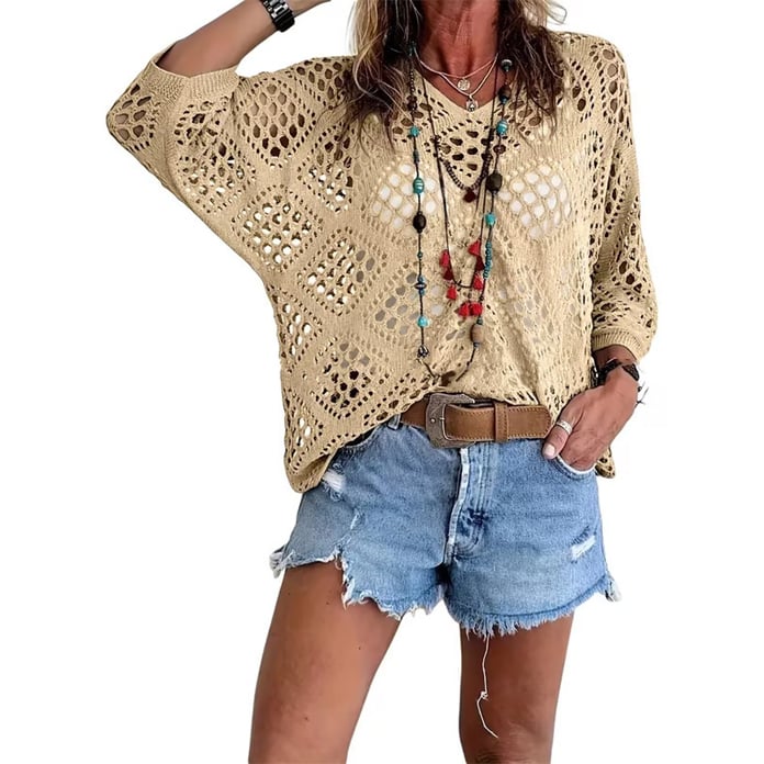 Womens Bohemian-Inspired Beige Crochet Top with V-Neck