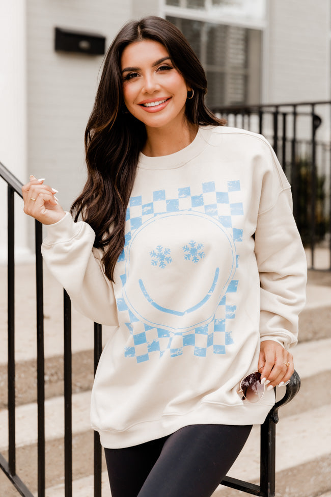 Snowflake Smiley Light Tan Graphic Sweatshirt