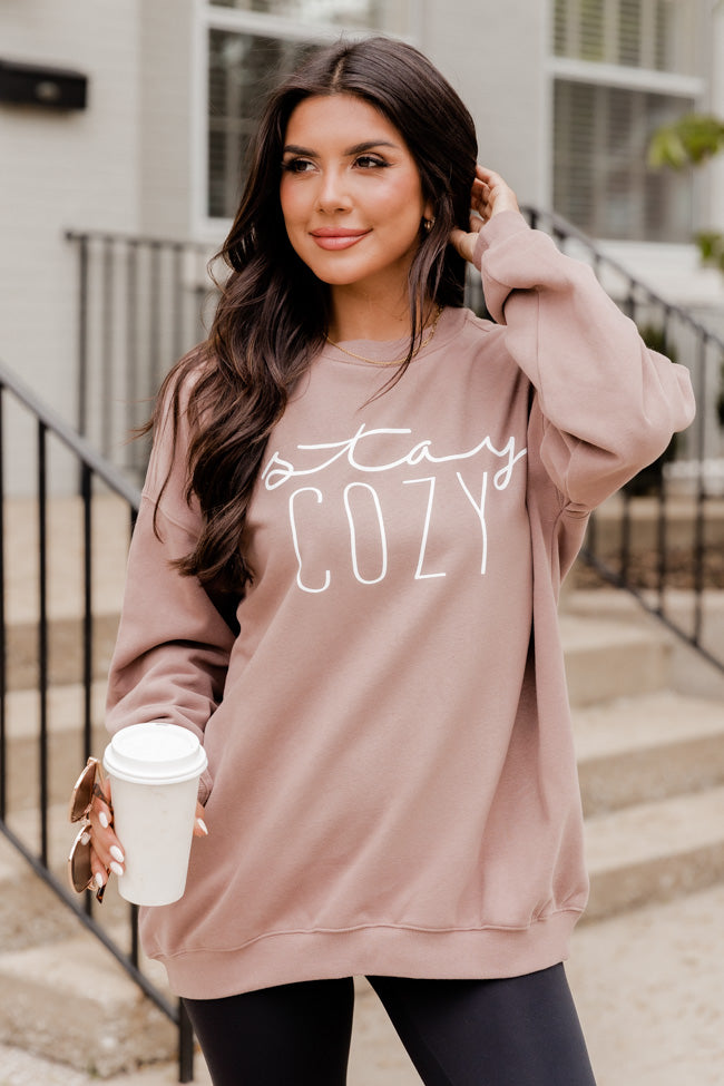 Stay Cozy Mocha Oversized Graphic Sweatshirt