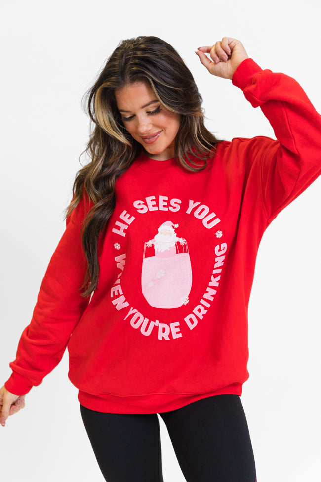 He Sees You When You're Drinking Red Oversized Graphic Sweatshirt