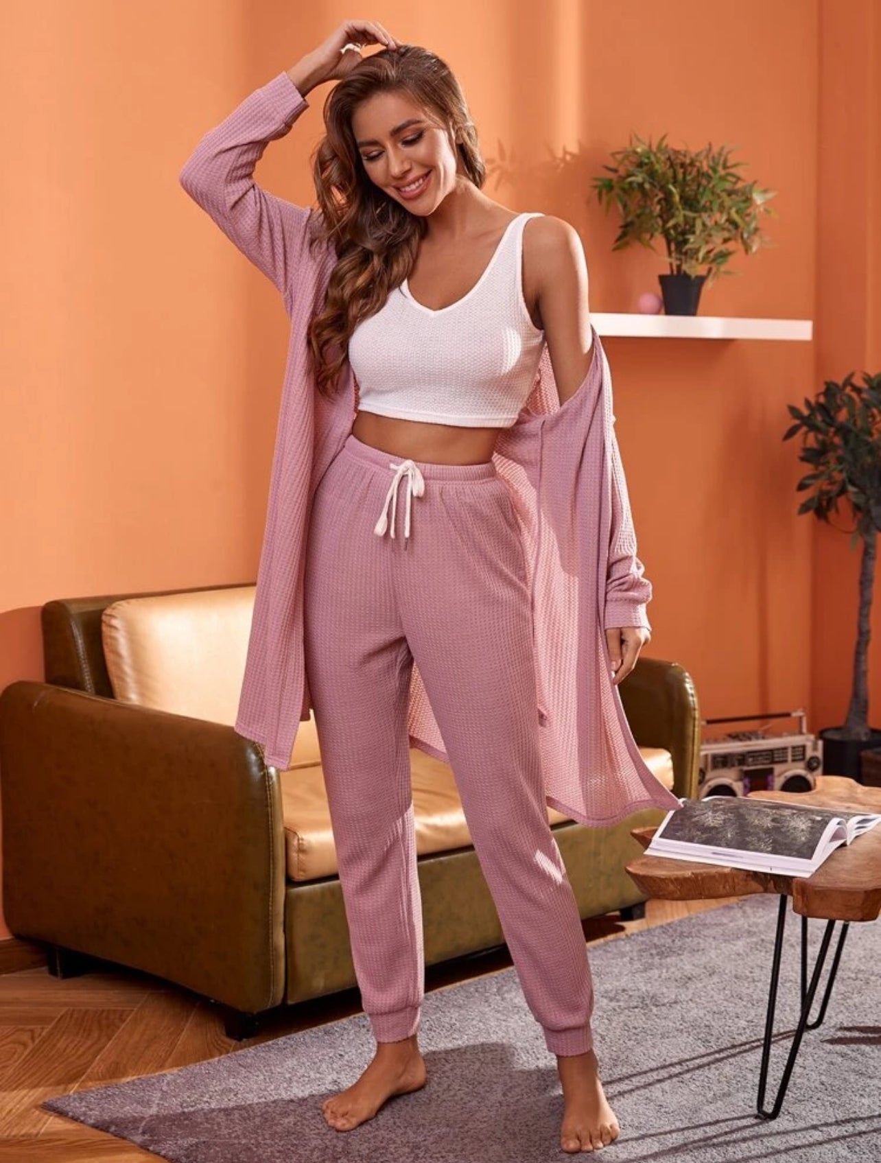 3 Piece Rib Knit Lounge Set with Tank Top, Buttoned long Sleeve Top and Wide Legs