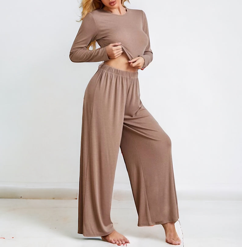 2 Piece Lounge set with Cropped Long Sleeve Top and Wide Legs