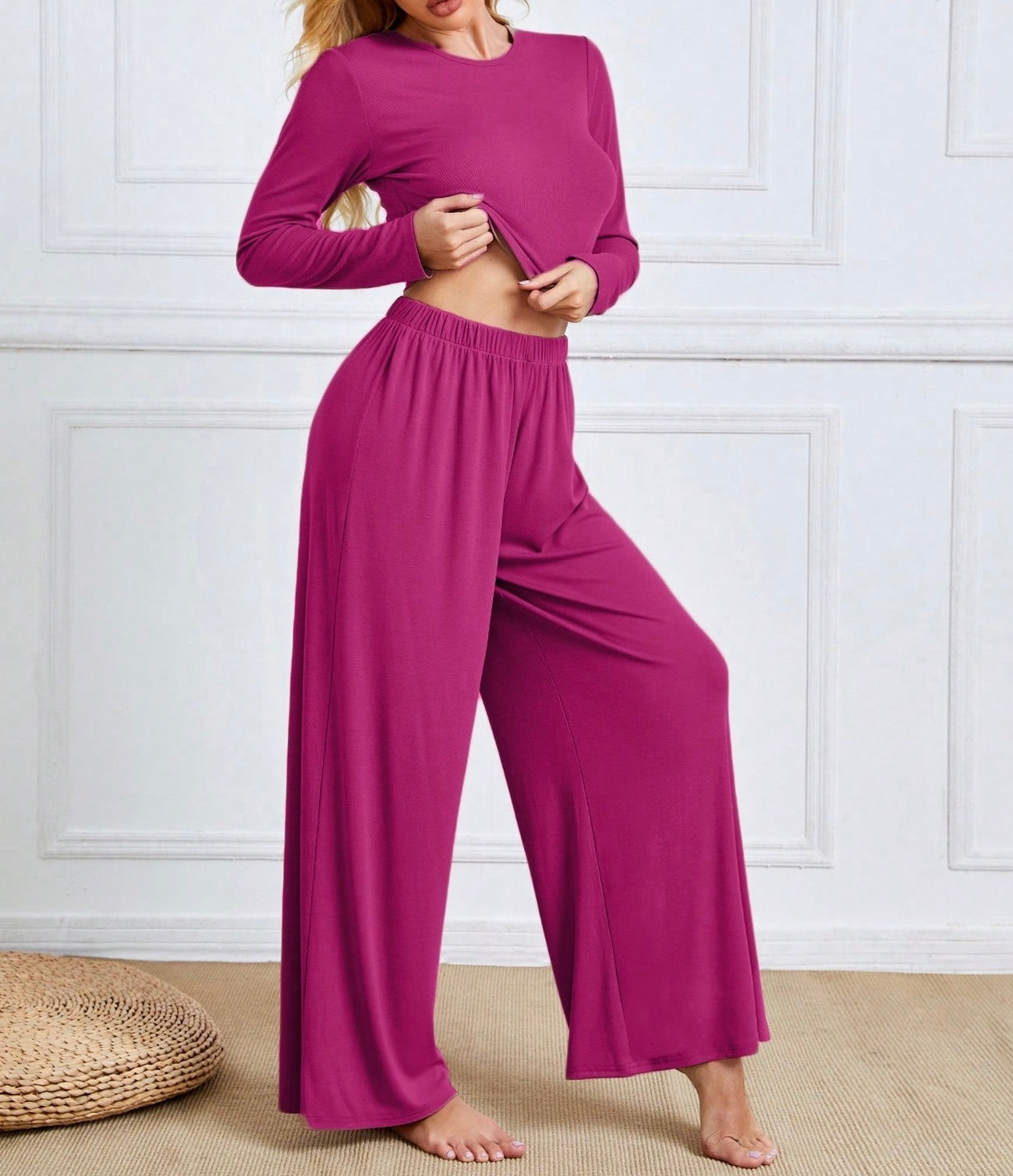 2 Piece Lounge set with Cropped Long Sleeve Top and Wide Legs