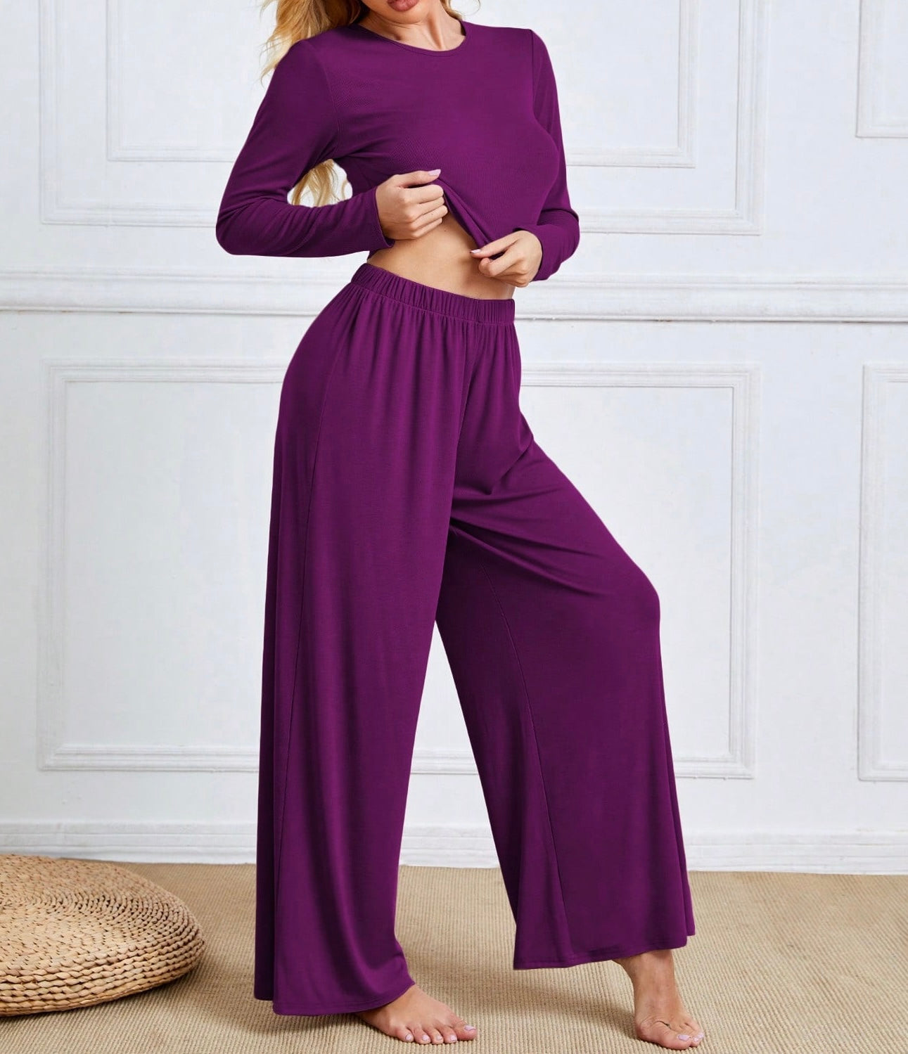 2 Piece Lounge set with Cropped Long Sleeve Top and Wide Legs