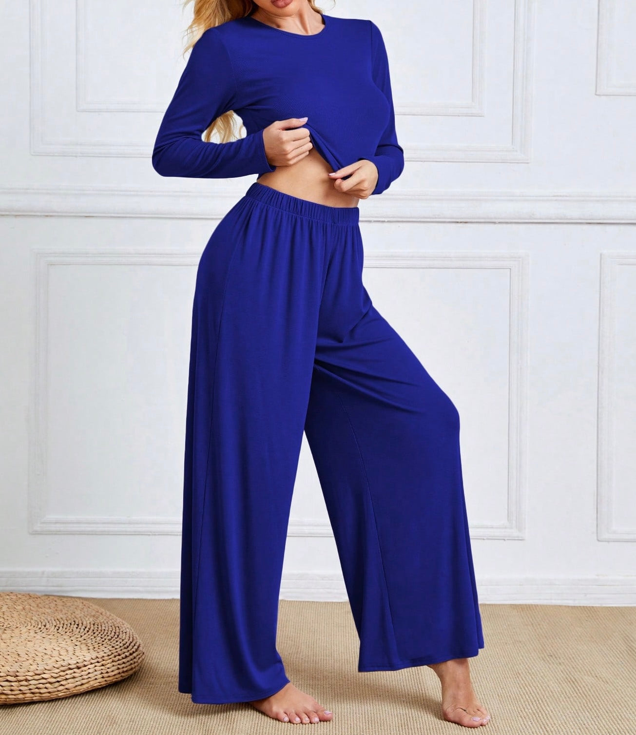 2 Piece Lounge set with Cropped Long Sleeve Top and Wide Legs