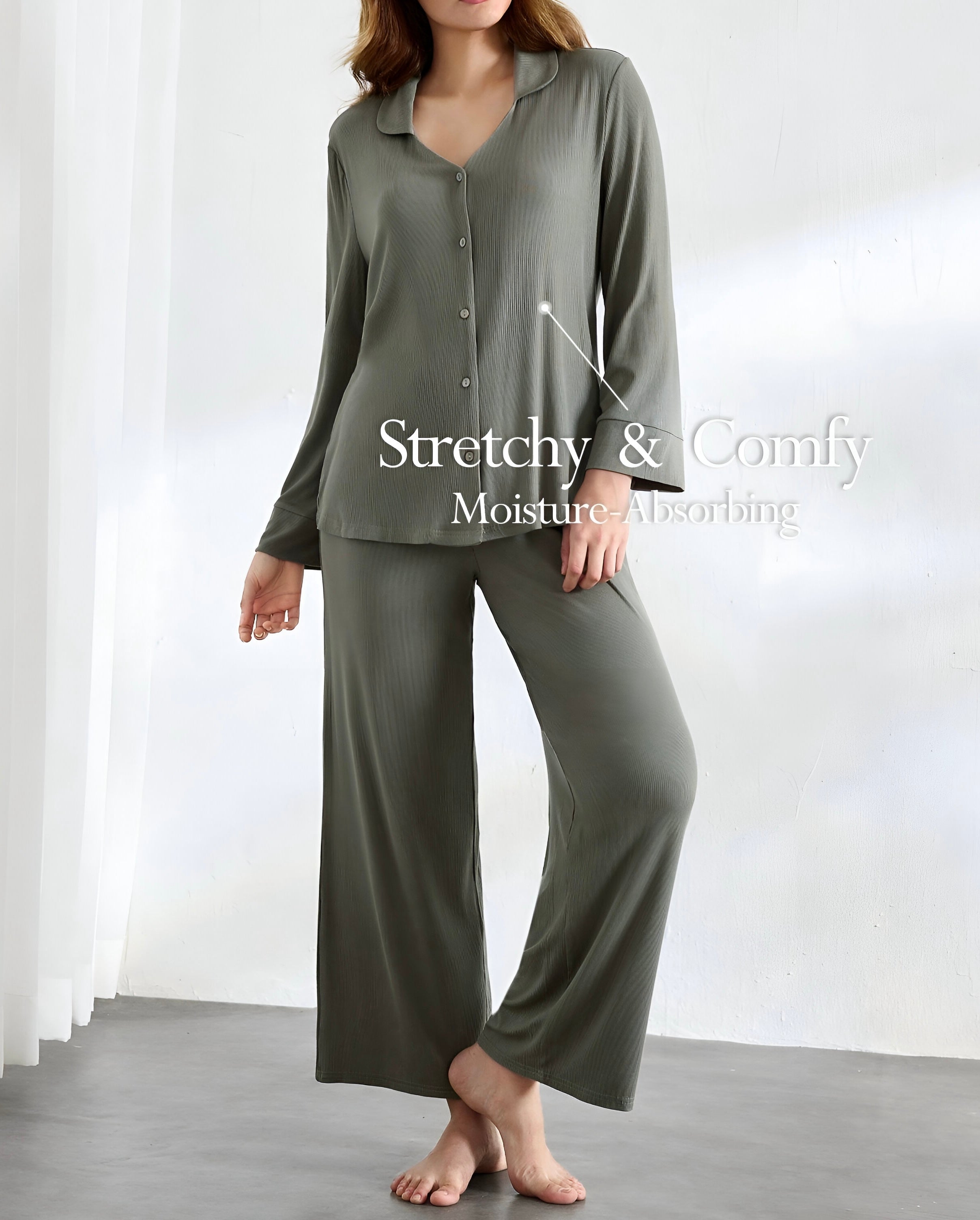 2 Piece Lounge Set with Buttoned down Long Sleeve Shirt and Wide Leg Pants