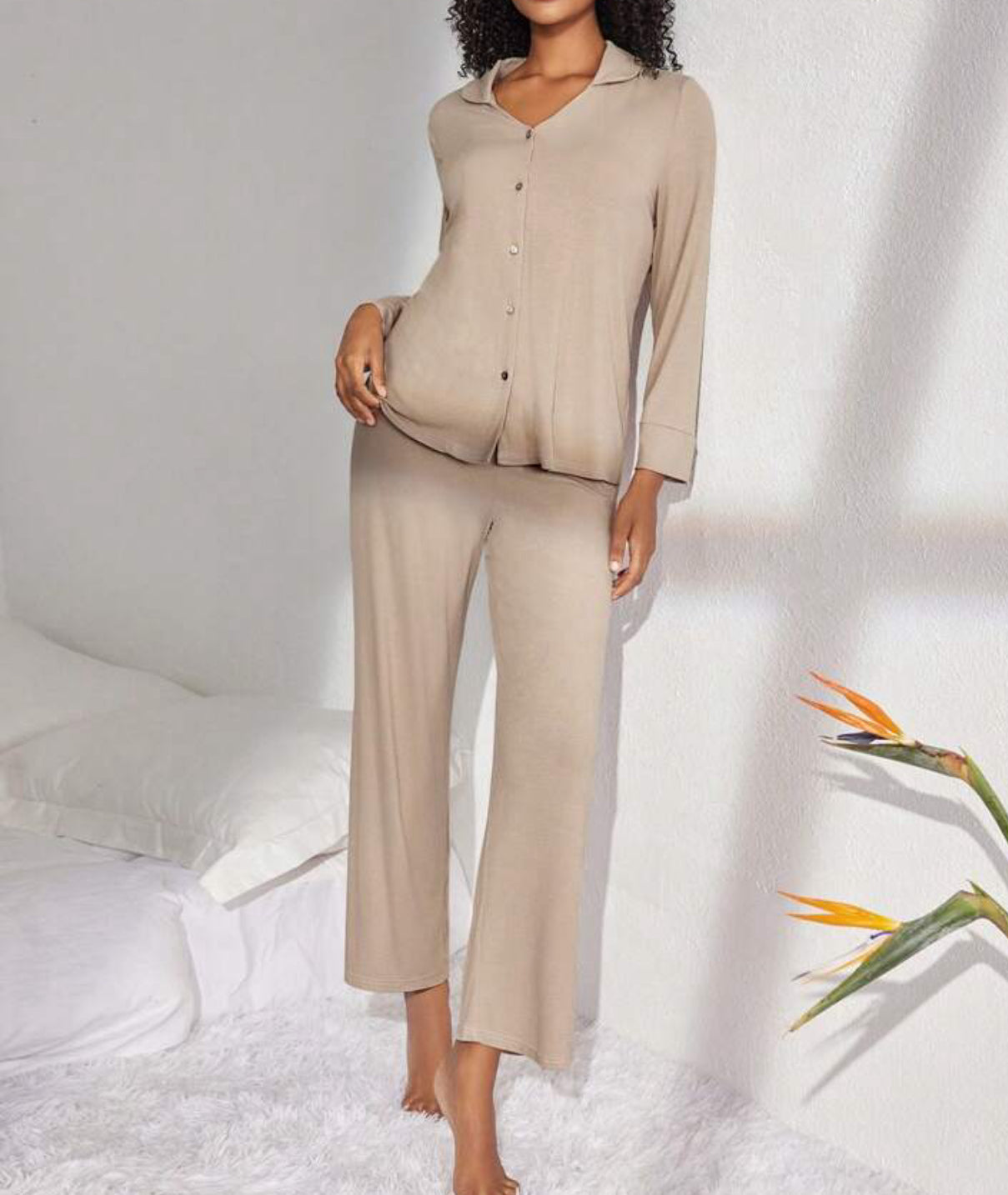 2 Piece Lounge Set with Buttoned down Long Sleeve Shirt and Wide Leg Pants