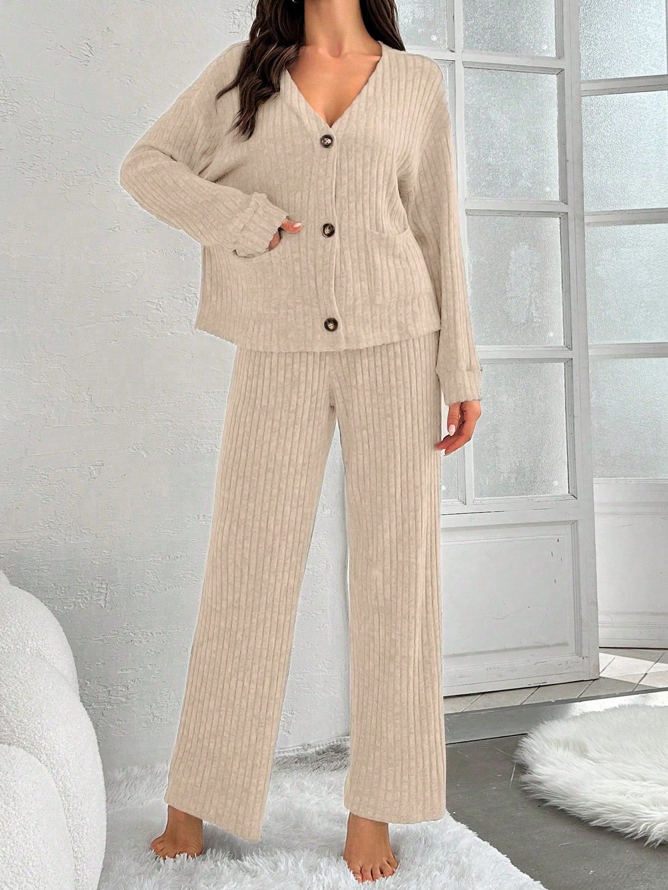 2 Piece Long Sleeve and Pants Ribbed Lounge Set