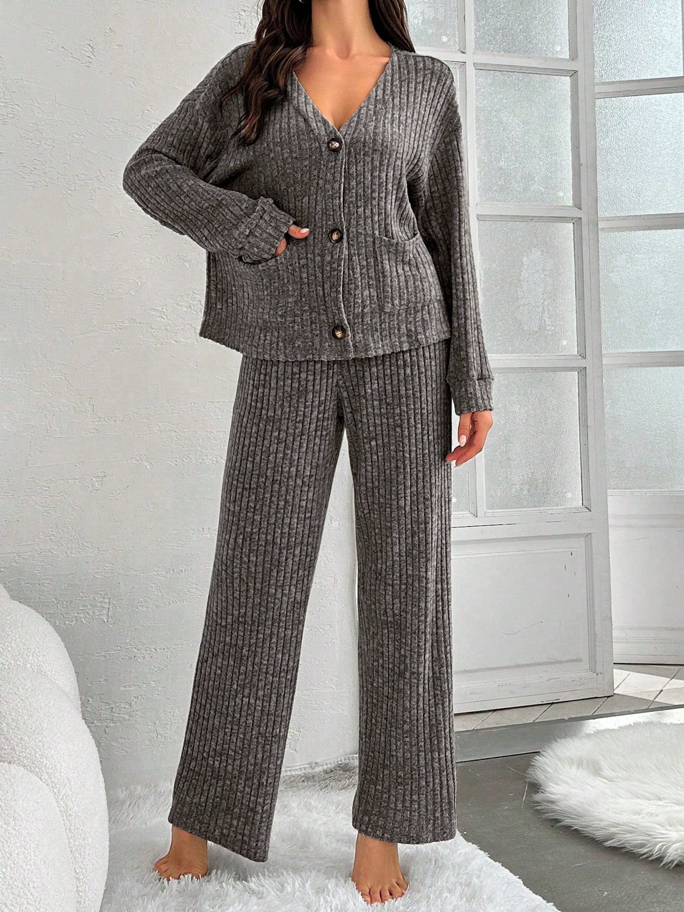 2 Piece Long Sleeve and Pants Ribbed Lounge Set