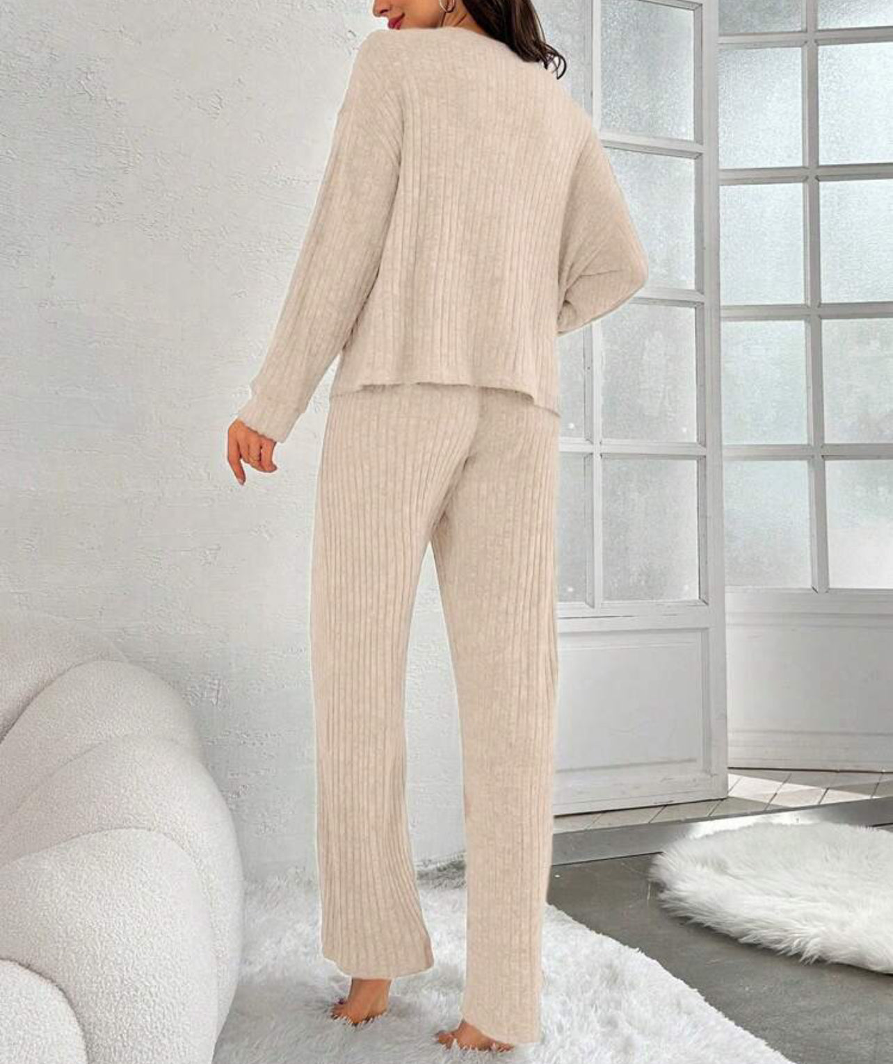 2 Piece Long Sleeve and Pants Ribbed Lounge Set